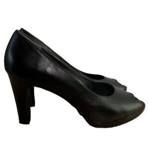FITZWELL | Black Leather Peep Toe 4" Heels